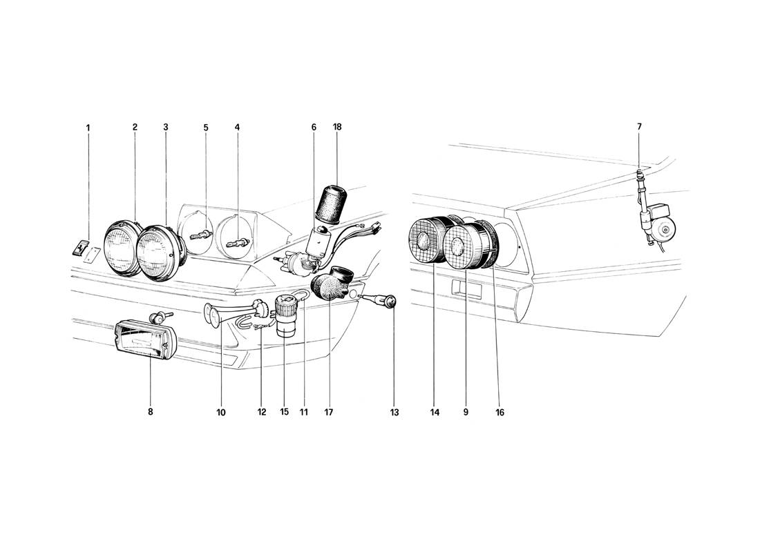 FRONT AND REAR LIGHTS - HORNS AND AERIAL