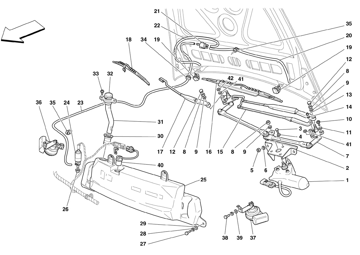  WINDSHIELD, GLASS WASHER AND HORNS